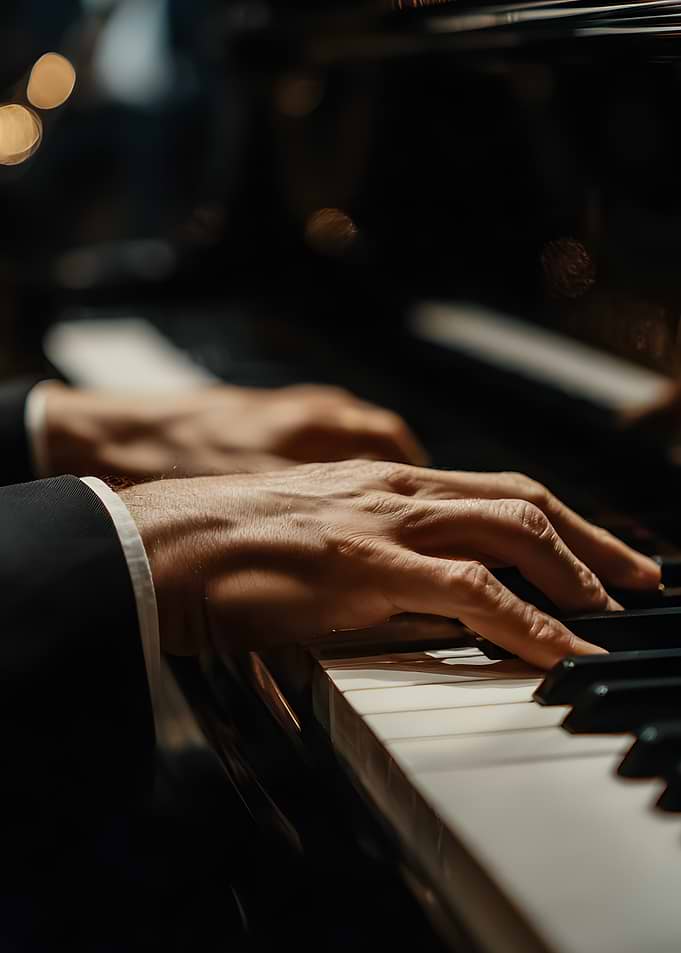 Hands playing piano keys close-up