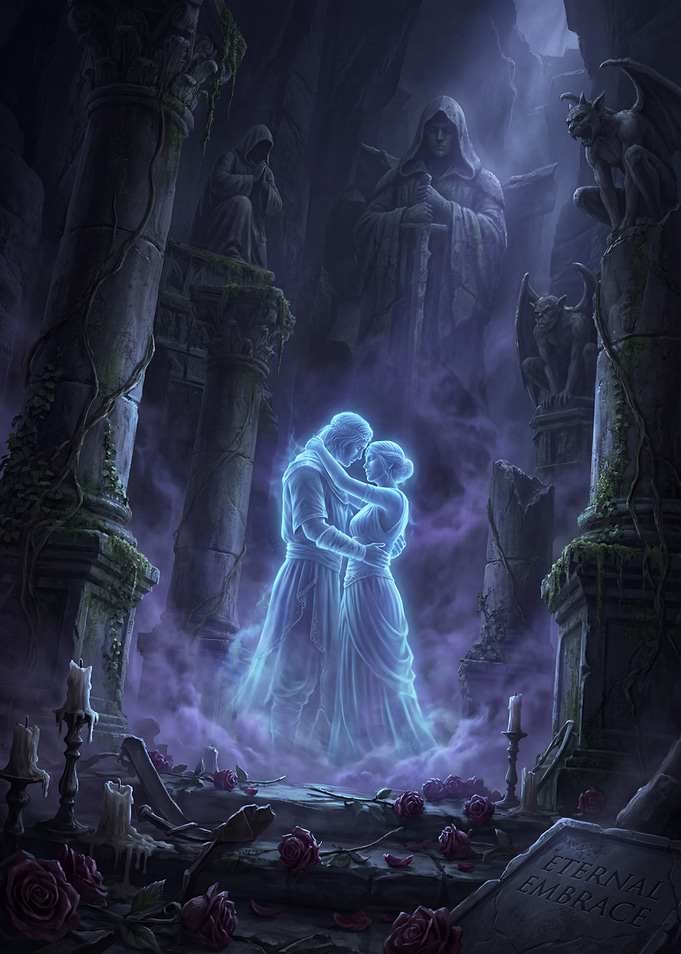 Eternal Embrace: Ghostly Couple in Ruins