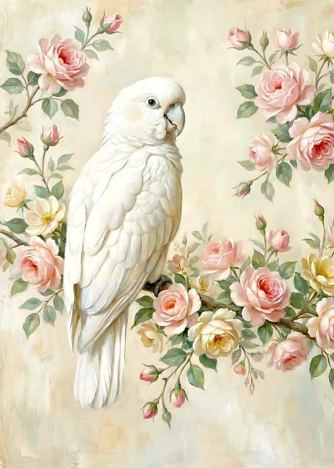 Cockatoo and Roses Painting