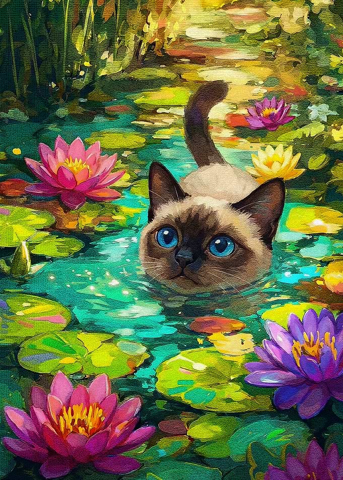 Siamese Cat in Lily Pond