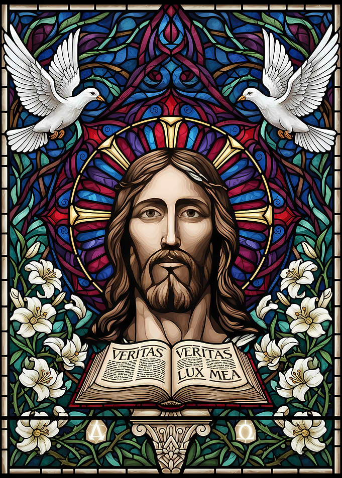 Stained Glass Jesus with Doves and Lilies