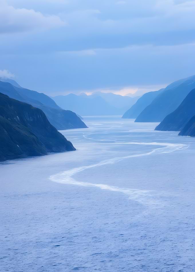 Blue fjord landscape with mountains and water