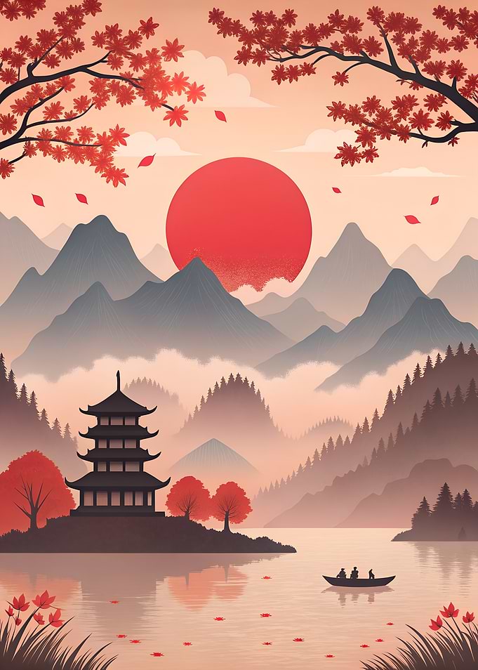 Japanese Landscape with Pagoda and Sunset