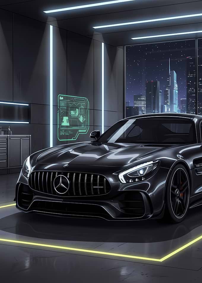 Sleek Black Mercedes-AMG in Modern Garage
