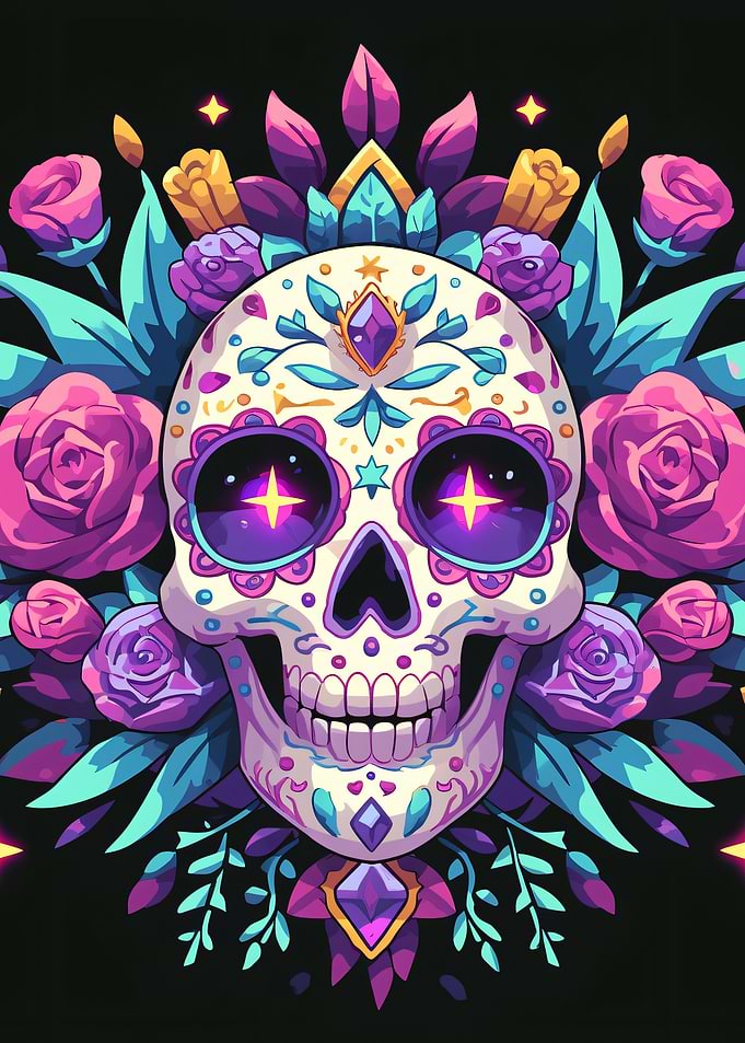 Colorful Sugar Skull with Floral Accents