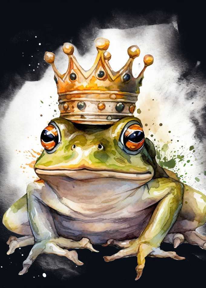 Watercolor Frog King with Golden Crown
