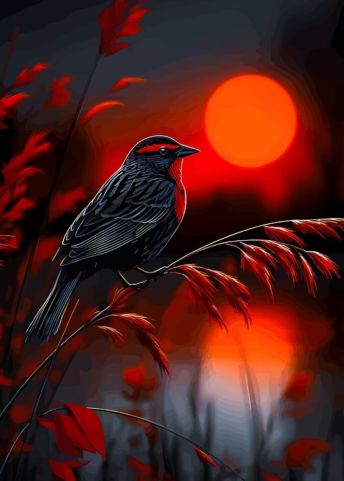 Red-winged Blackbird at Sunset