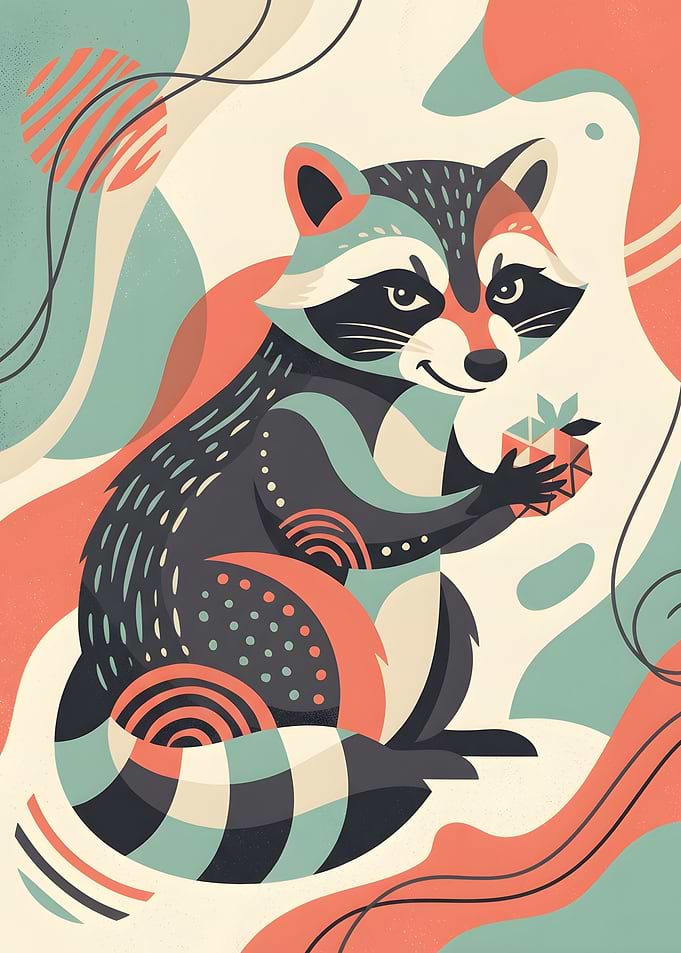Stylized Raccoon with Gift Illustration