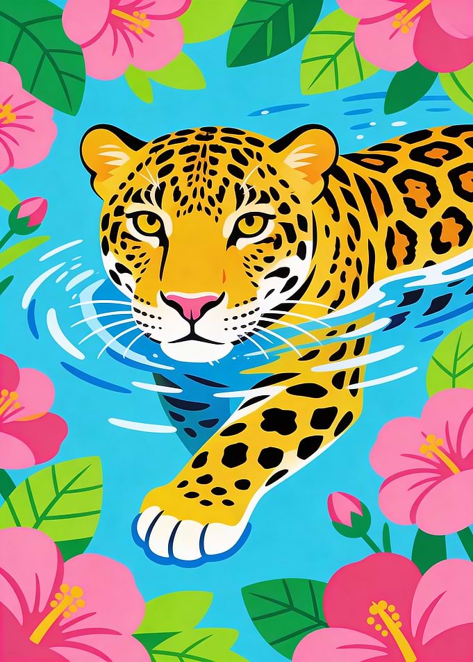 Jaguar swimming in water with flowers
