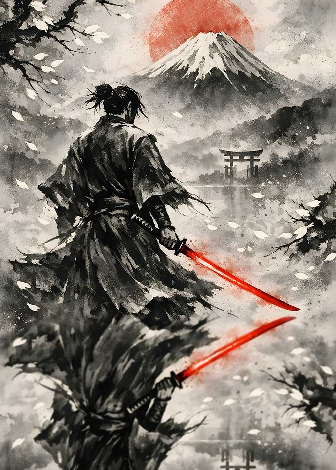 Samurai with Red Sword and Reflection