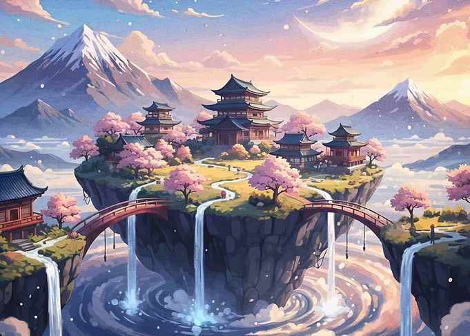 Floating Japanese Temples with Cherry Blossoms