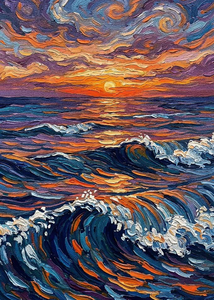 Ocean Waves at Sunset Painting