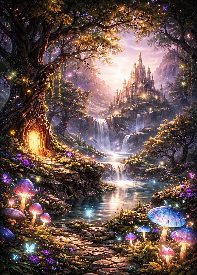 Enchanted Forest with Castle and Mushrooms