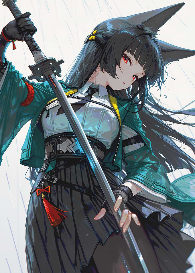 Anime Girl with Sword in Rain