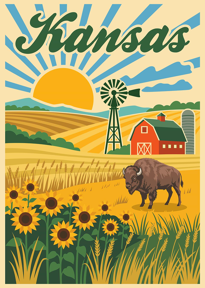 Kansas Farm Scene with Bison