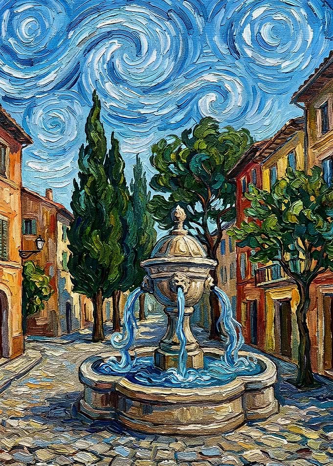 European Town Square with Fountain Painting