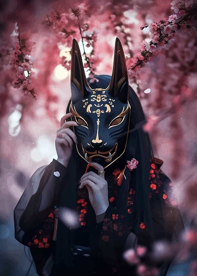 Woman with Kitsune Mask in Cherry Blossoms