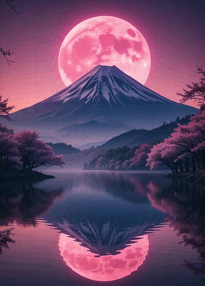 Mount Fuji and Pink Moon Reflection