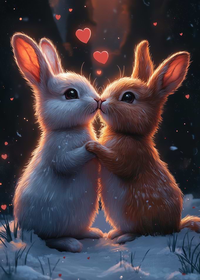 Romantic Rabbits Kissing in Winter Scene