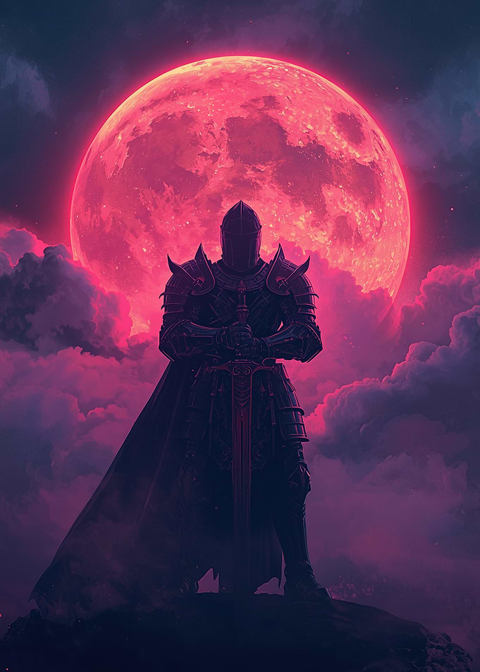 Knight Silhouette Before a Crimson Moon — Dark Fantasy Illustration