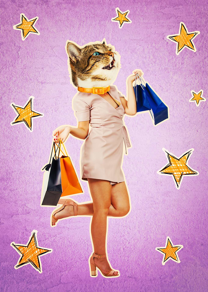 Cat-headed woman shopping with stars