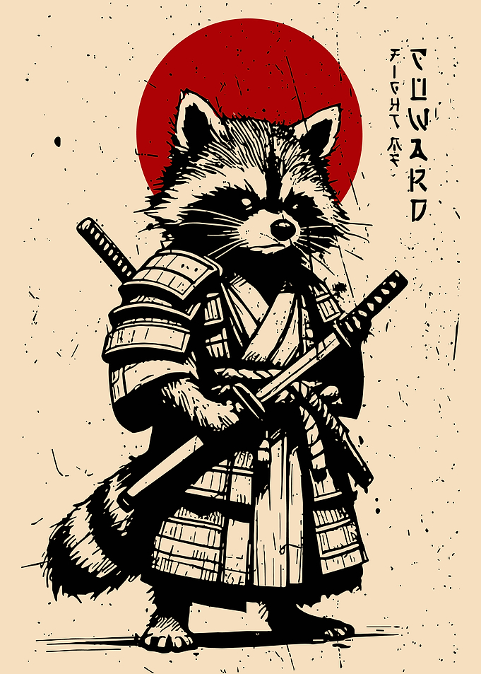 Samurai Raccoon Poster, Fight Me Coward Wall Art, Japanese Warrior Animal Print