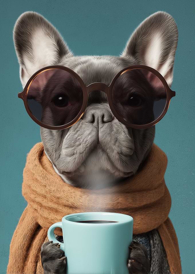 French Bulldog with Coffee and Sunglasses