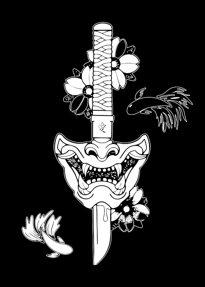 Samurai Sword with Oni Mask and Flowers