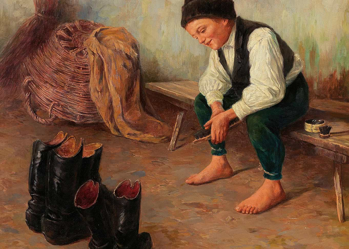 Boy Polishing Boots Painting