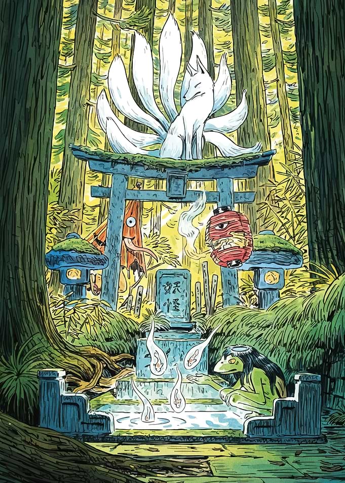 Japanese Yokai Forest Shrine Illustration