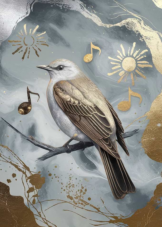 Northern Mockingbird on Branch with Music Notes