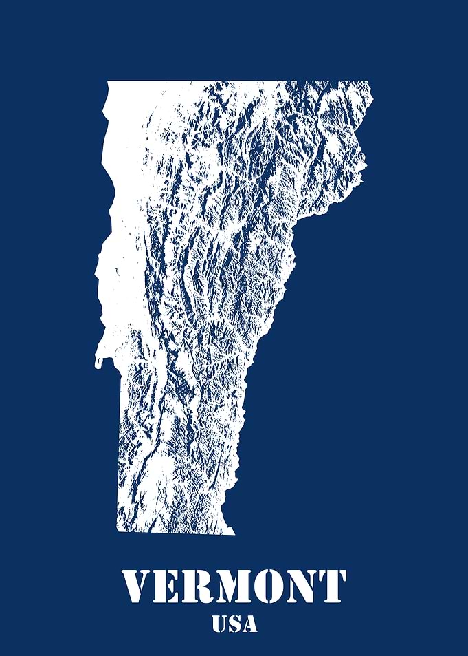 Vermont USA State Minimalist White Topographic Contour Relief Map featuring terrain on navy blue background