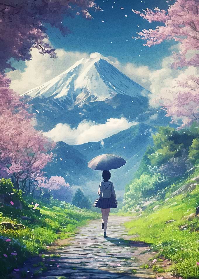 Anime Girl with Umbrella, Mountain View
