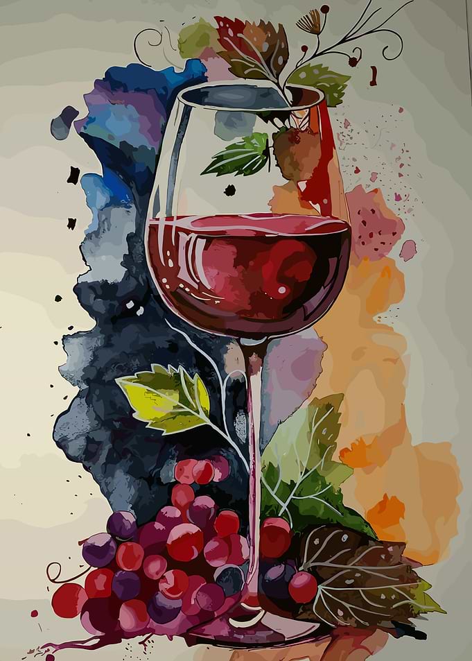 Watercolor Wine Glass with Grapes