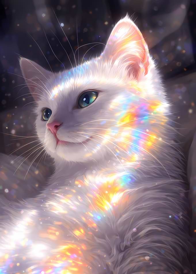 White Cat with Rainbow Reflections