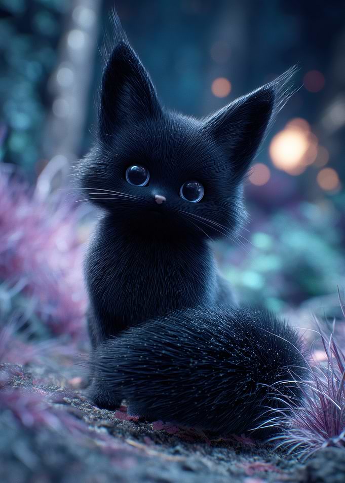 Cute Black Kitten in Enchanted Forest