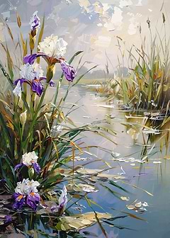 Iris Flowers in Water Painting