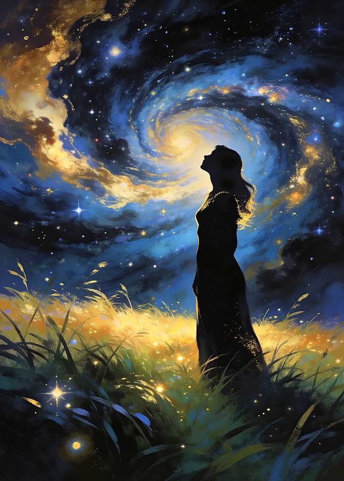 Woman in a Meadow Gazing at Cosmic Sky