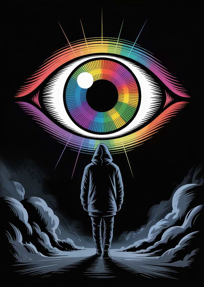 Rainbow Eye and Hooded Figure