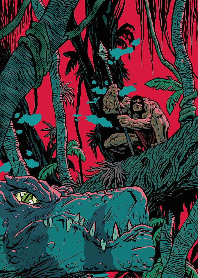 Jungle Adventure with Alligator and Warrior