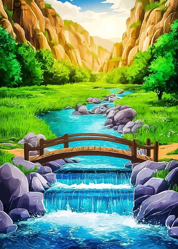 Scenic River Landscape with Wooden Bridge