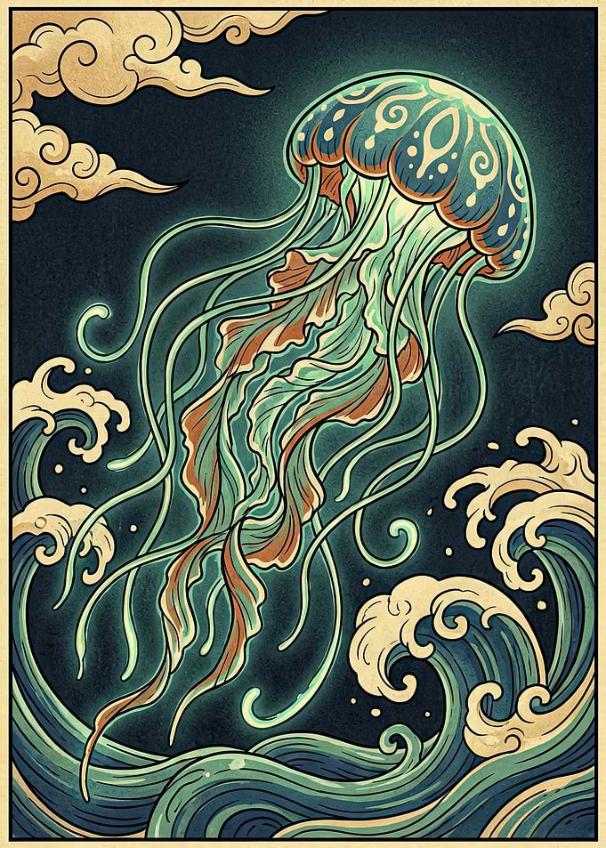 Jellyfish in Ocean Waves Illustration