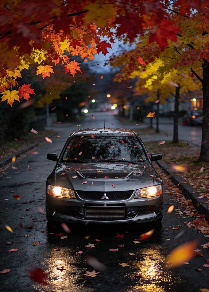 Mitsubishi Lancer Evolution in Autumn
