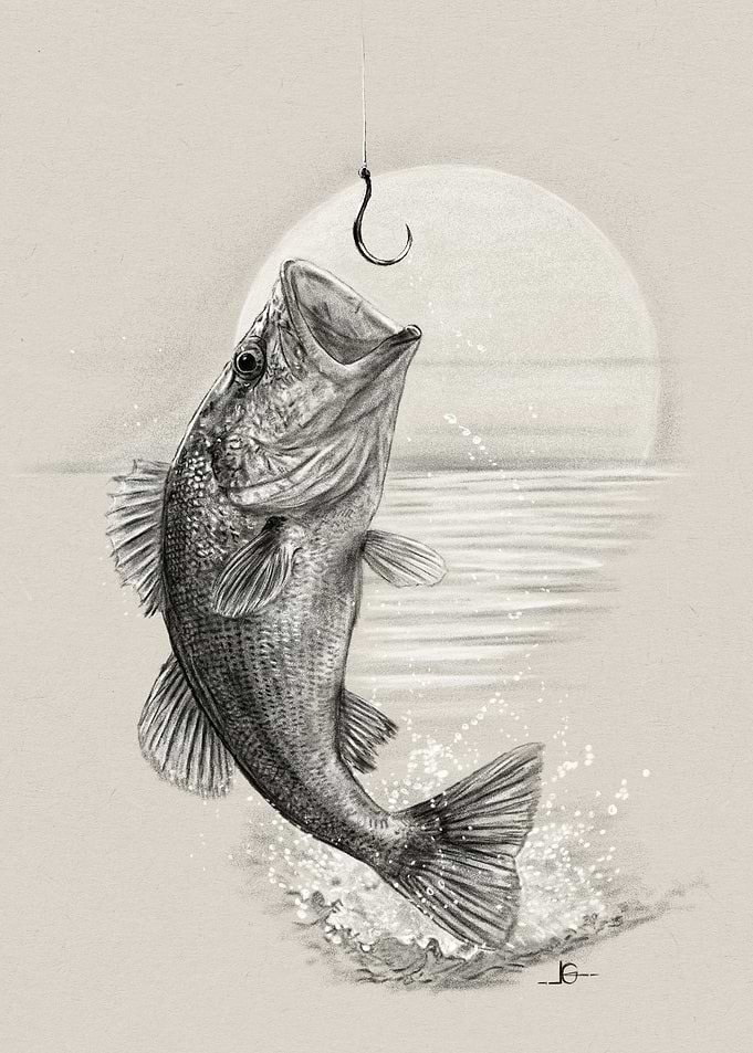 Bass Fish Jumping for Hook Drawing
