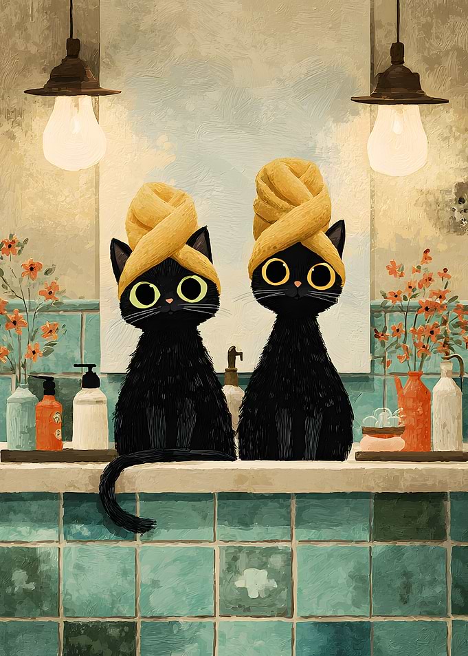 Two Cats with Towels on Heads