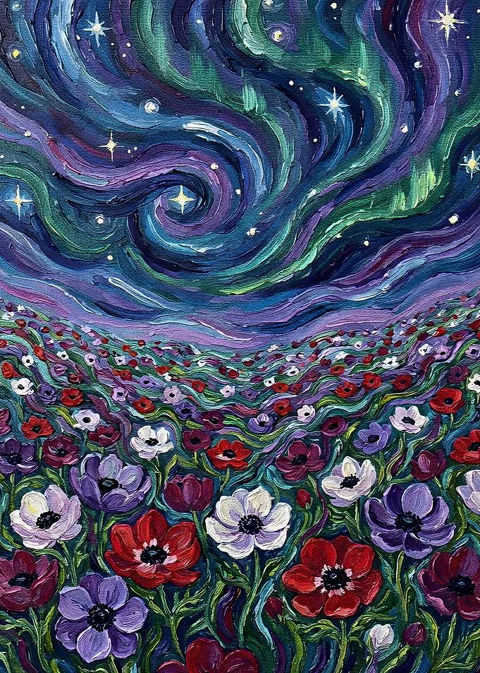 Floral Field Under Aurora Borealis Painting