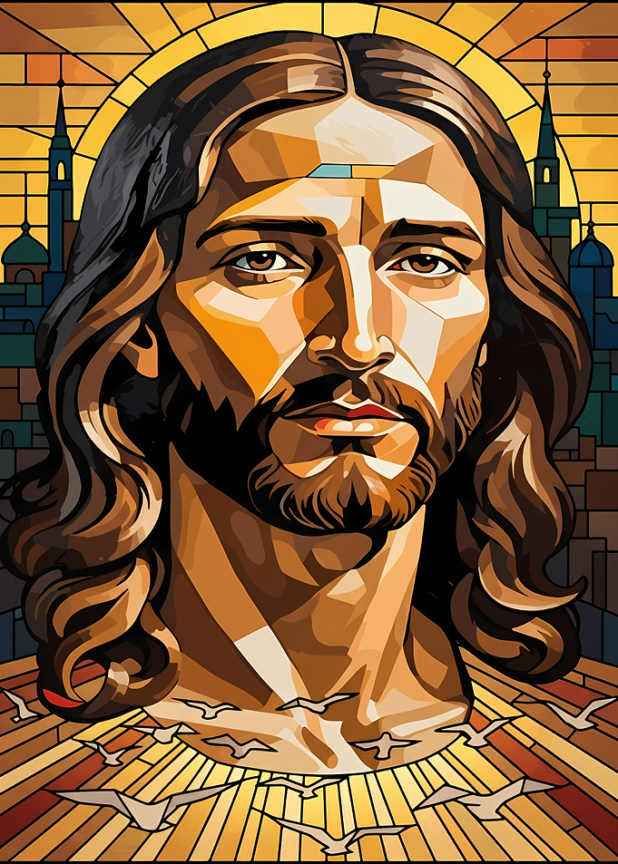 Geometric Jesus Portrait with Cityscape