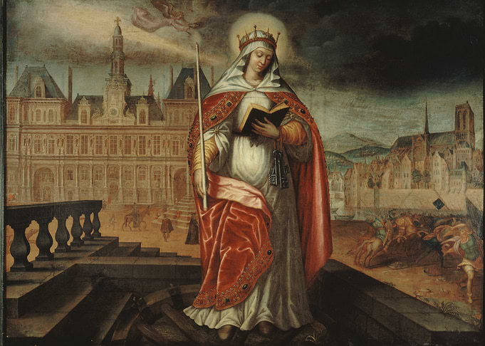 Saint Genevieve painting with Paris backdrop