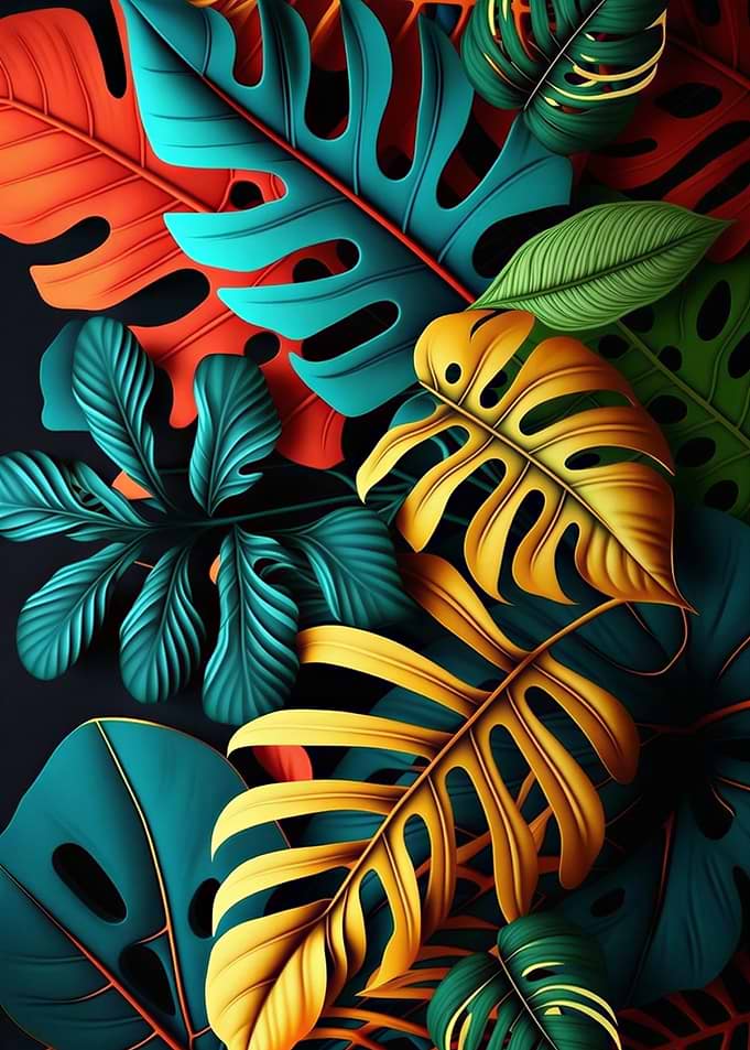 Colorful Tropical Leaves on Dark Background