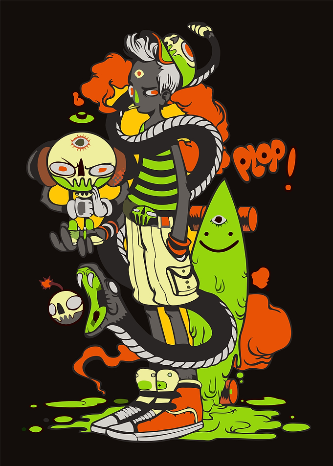 Cartoon Character with Skull and Snake